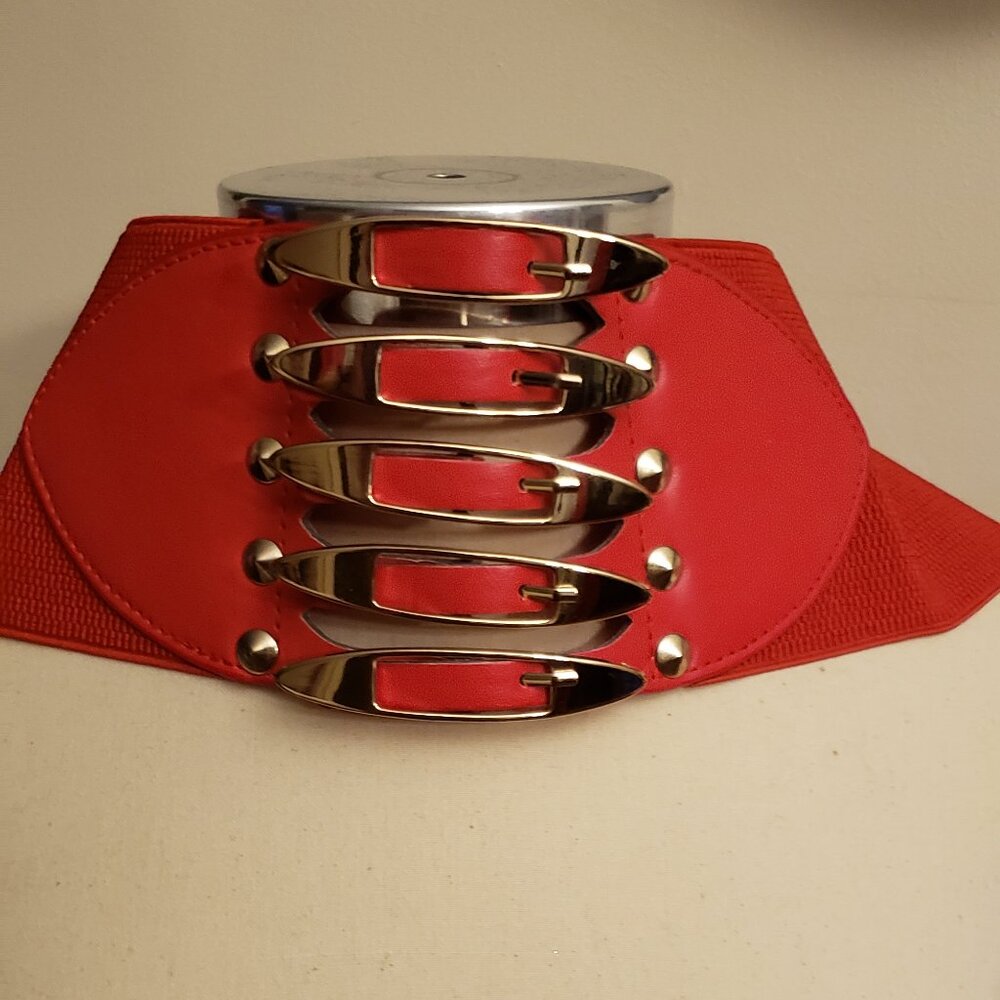 Wide Red Stretch Belt With Buckles.
